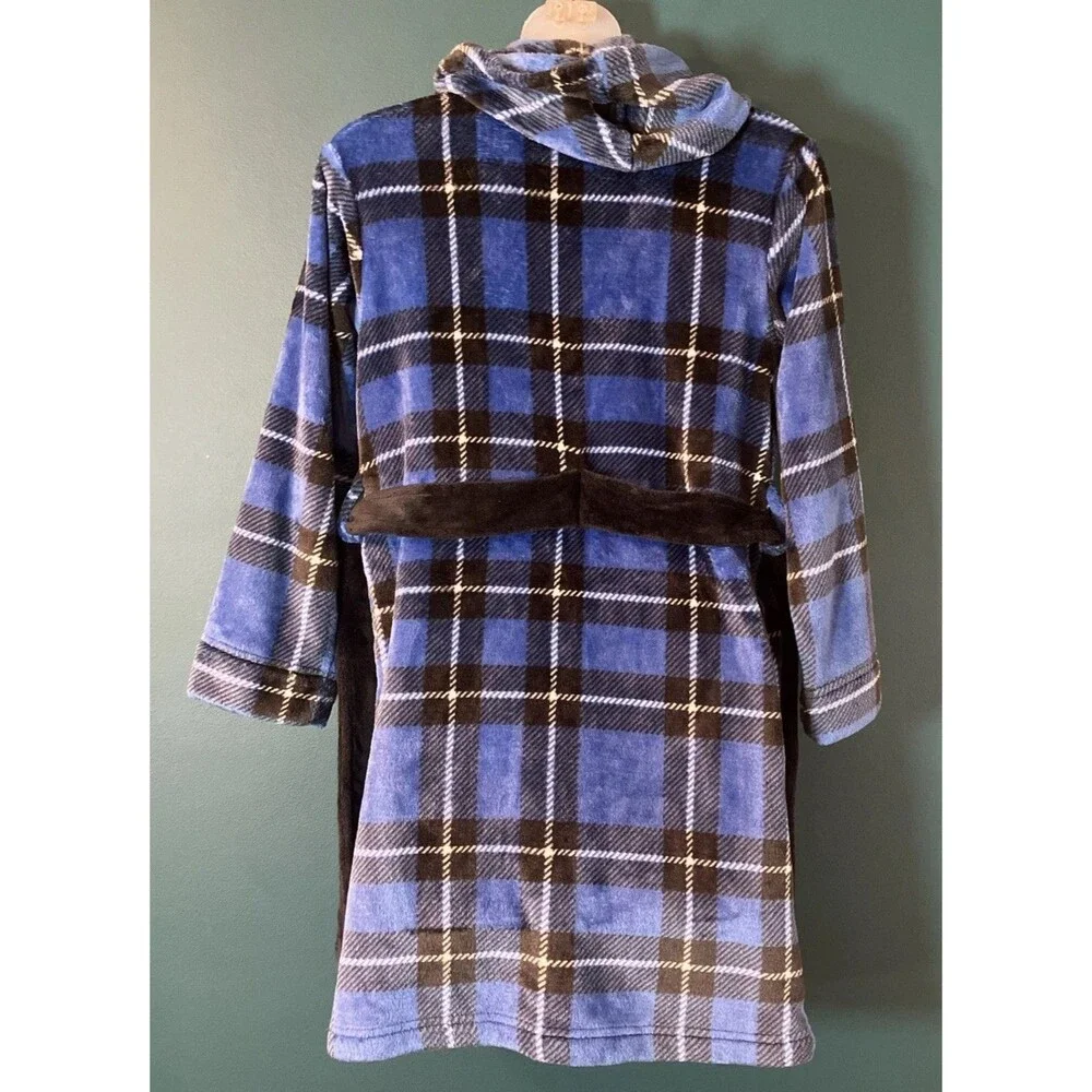 Cuddl Duds Boys Robe Plush with Hood Size M (8/10) Blue, Black, White Plaid